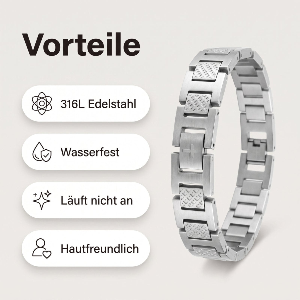 Vorteile: 316L Edelstahl, wasserfest, laeuft nicht an, hautfreundlich